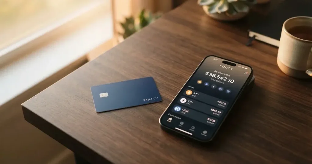 A payment card next to a phone with a crypto wallet app open