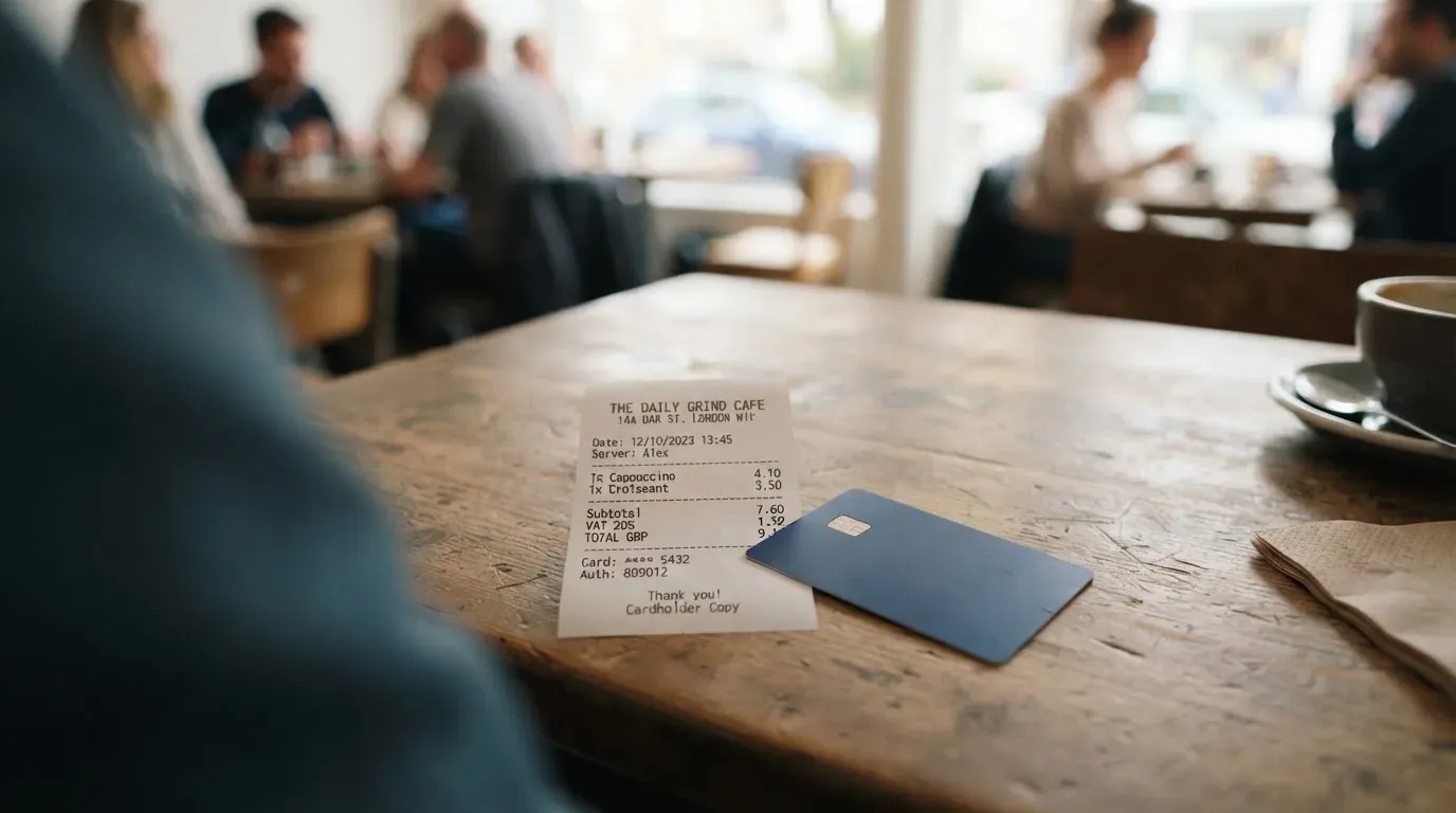 A receipt and a card on a café table