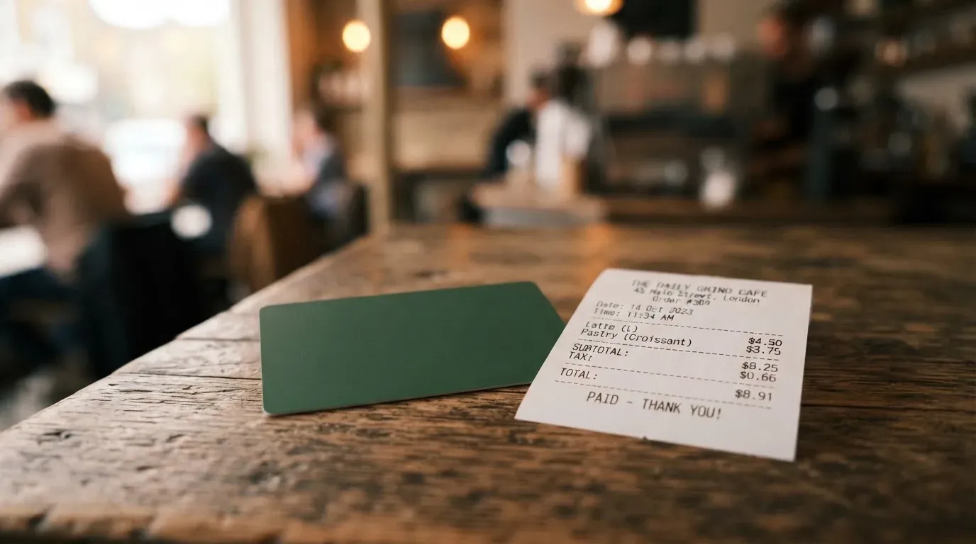 A receipt and a card on a café table