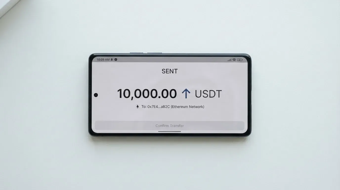 A phone showing a stablecoin transfer screen