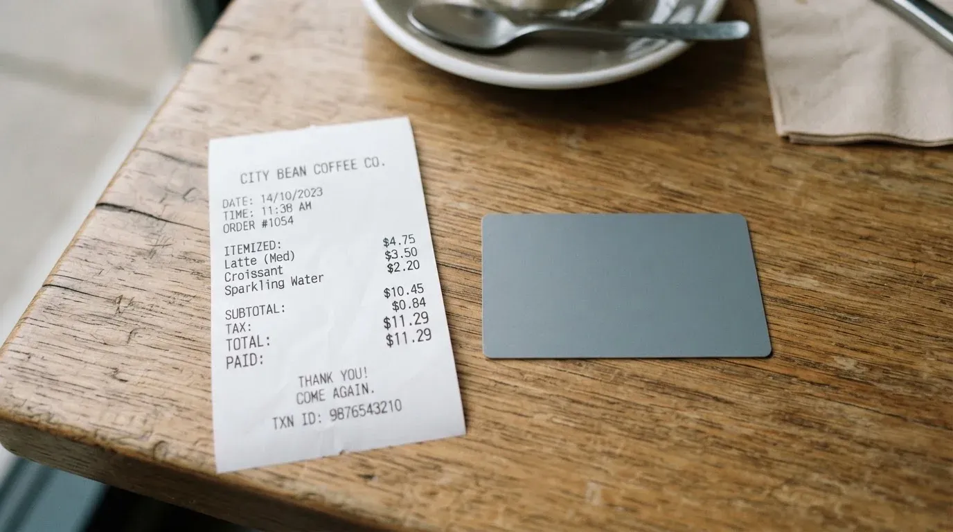 A receipt and a card on a café table