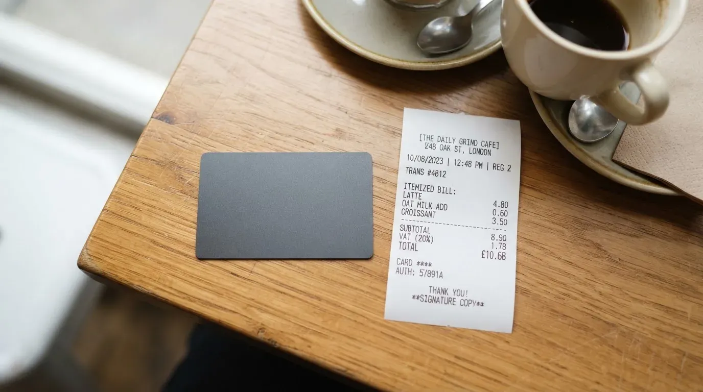A receipt and a card on a café table
