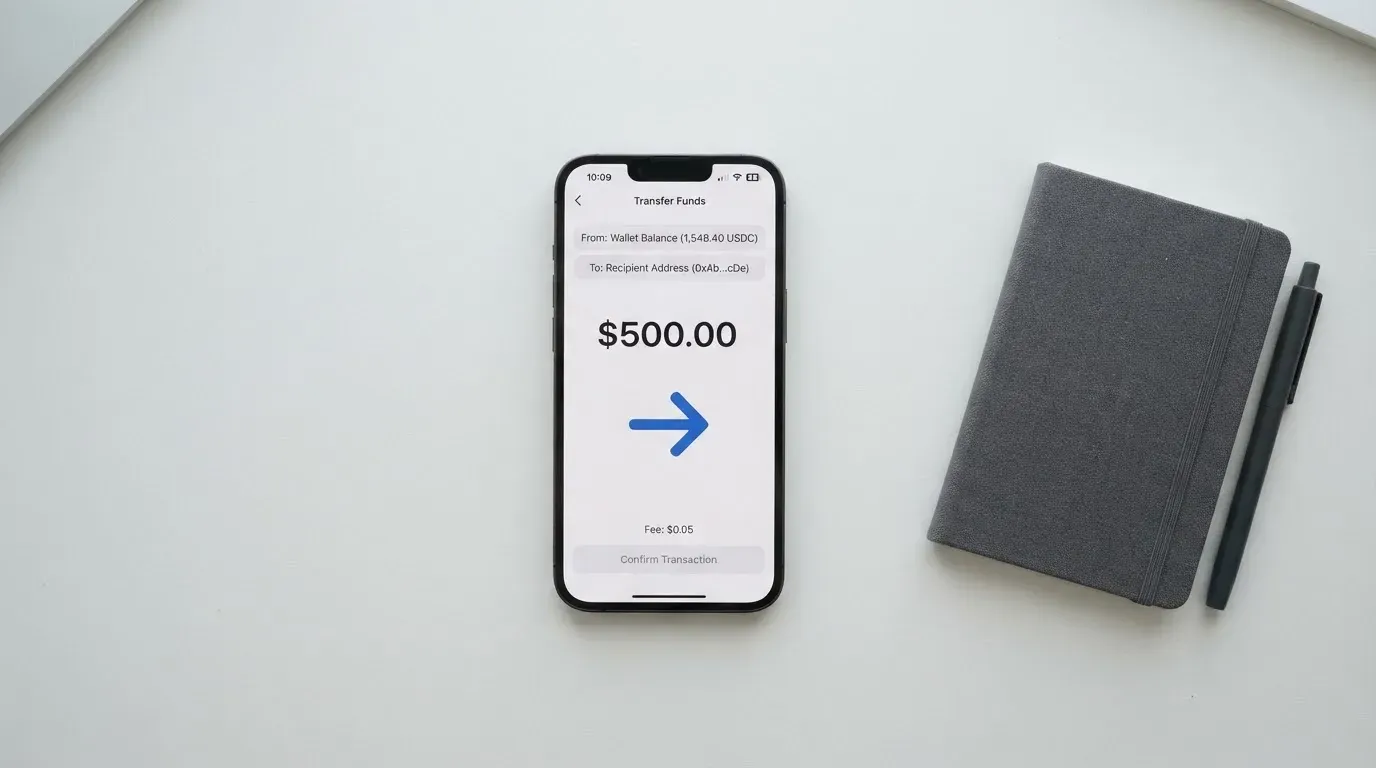 A phone showing a stablecoin transfer screen