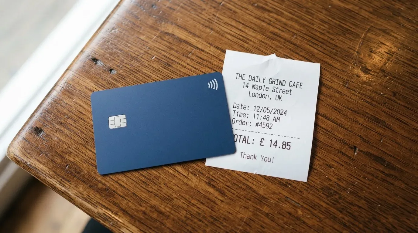 A receipt and a card on a café table