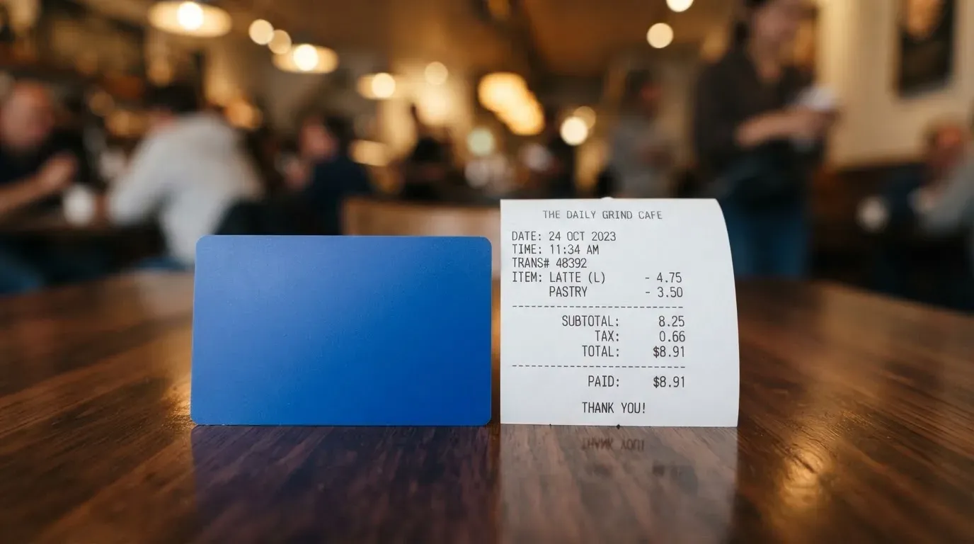 A receipt and a card on a café table