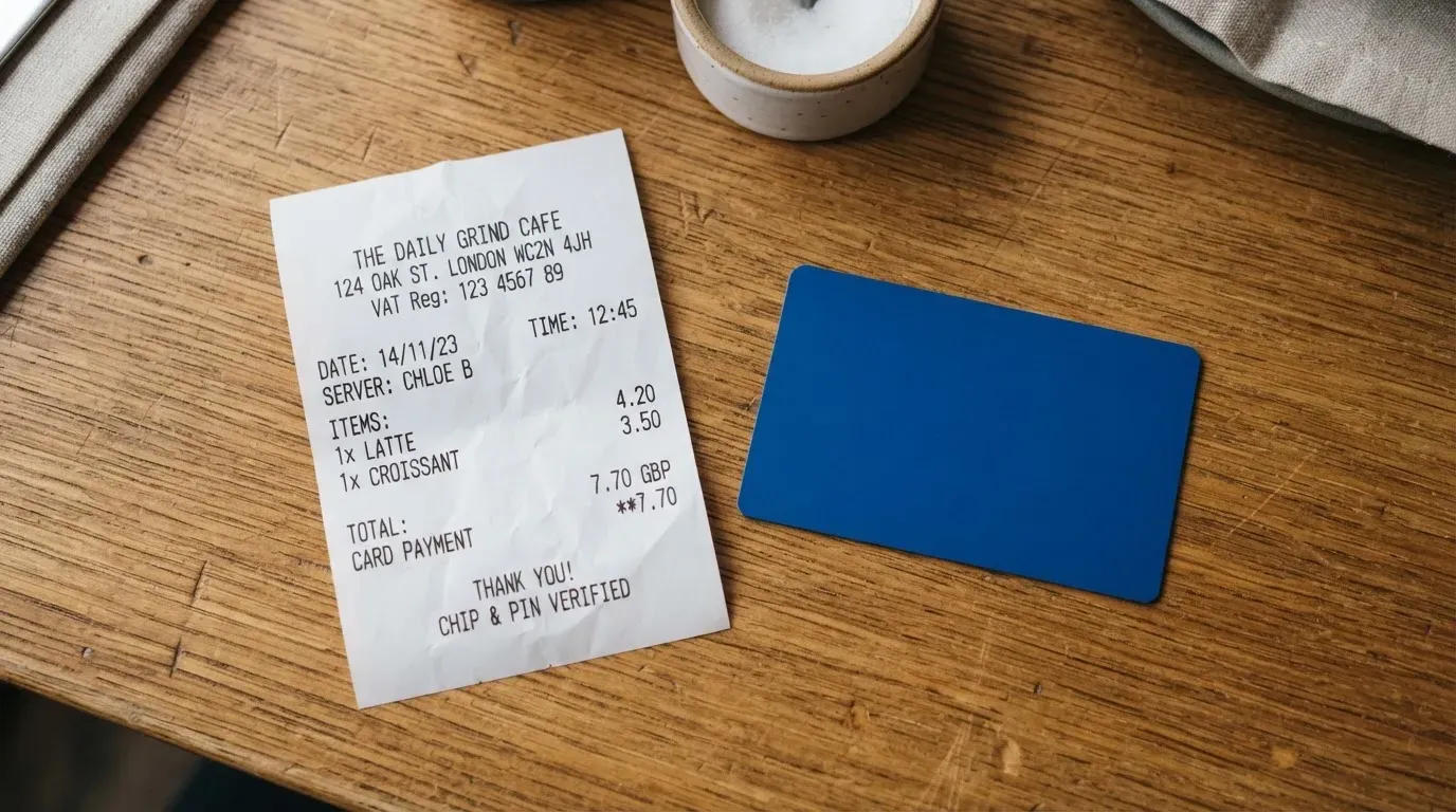 A receipt and a card on a café table