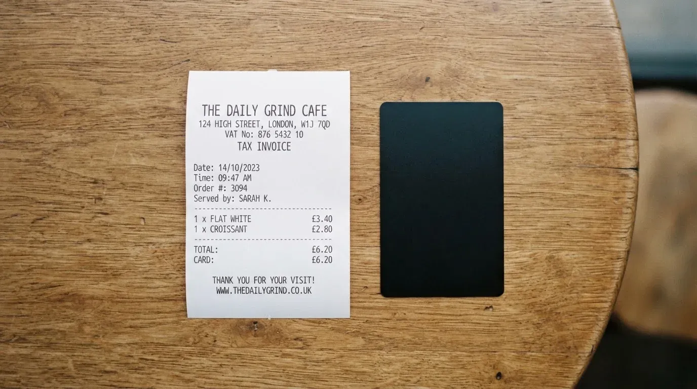 A receipt and a card on a café table