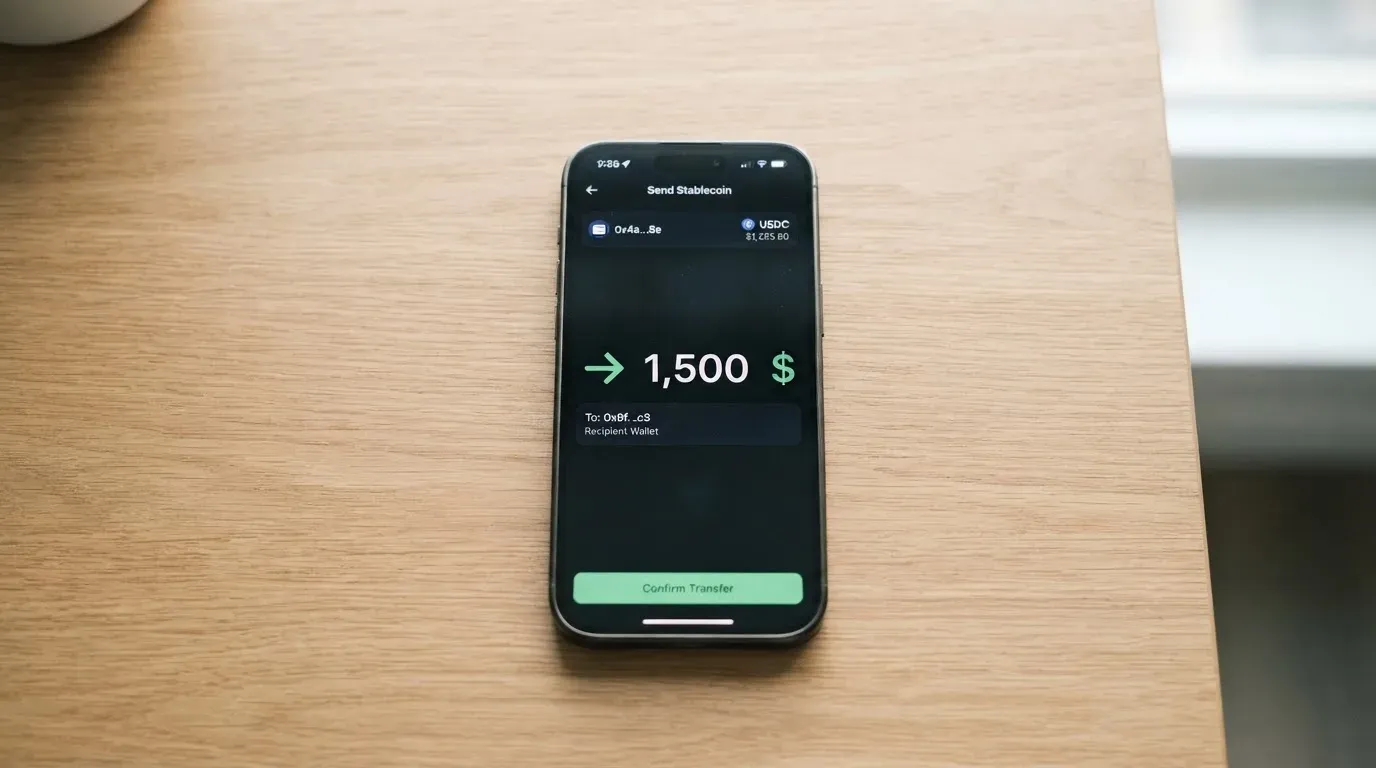 A phone showing a stablecoin transfer screen
