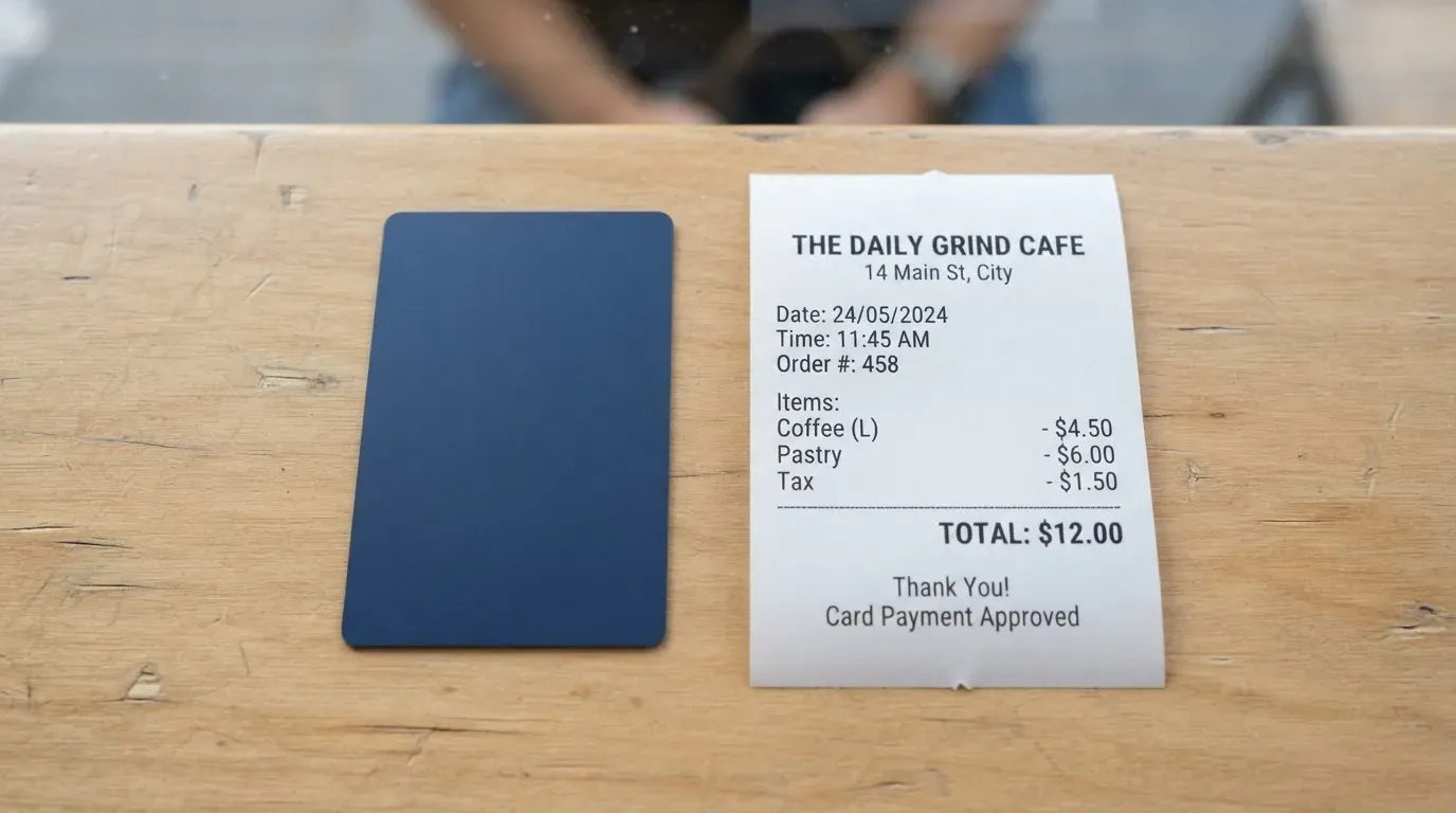 A receipt and a card on a café table