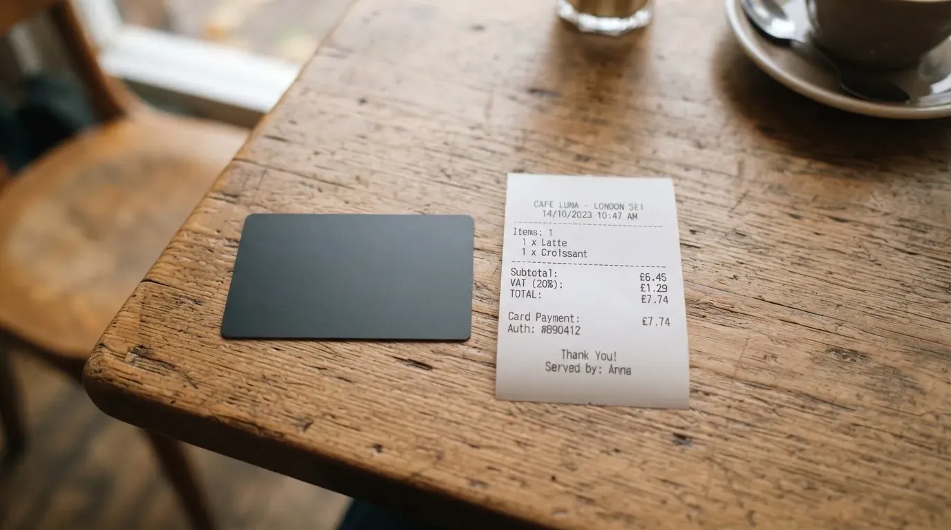A receipt and a card on a café table