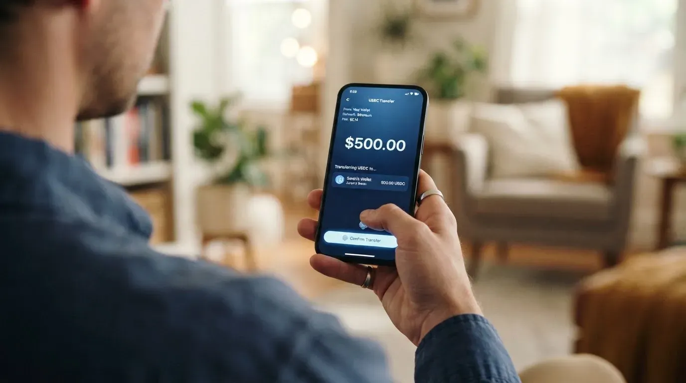 A phone showing a stablecoin transfer screen