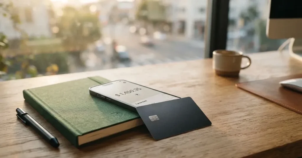 A payment card next to a phone with a crypto wallet app open