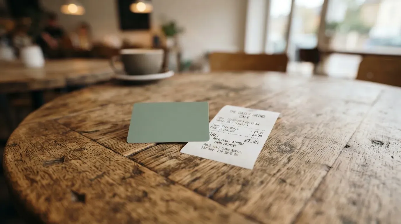 A receipt and a card on a café table