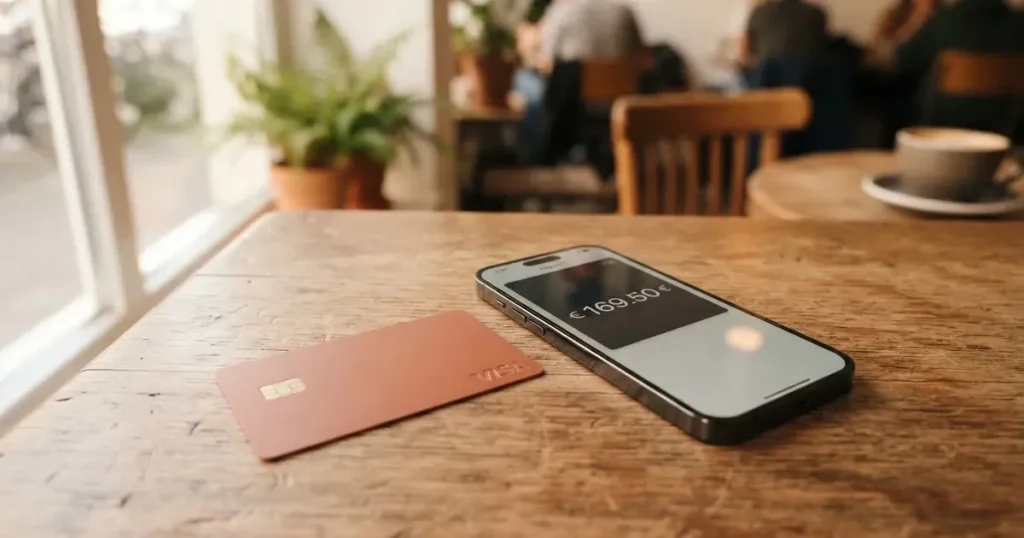 A payment card next to a phone with a crypto wallet app open