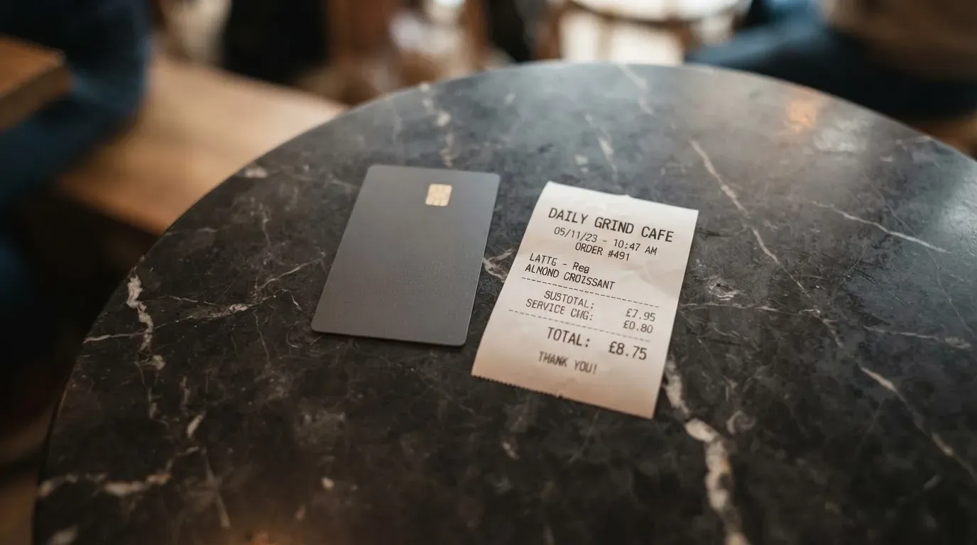 A receipt and a card on a café table