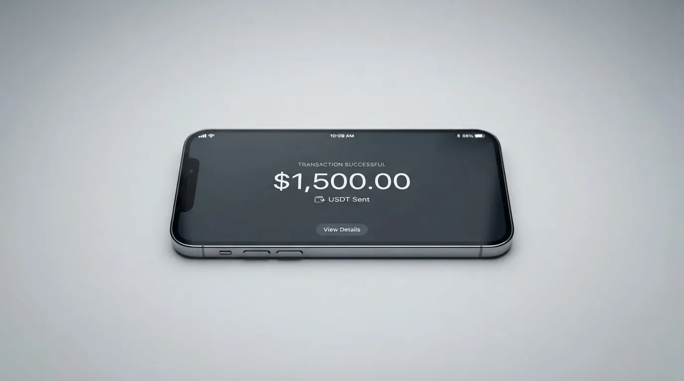 A phone showing a stablecoin transfer screen