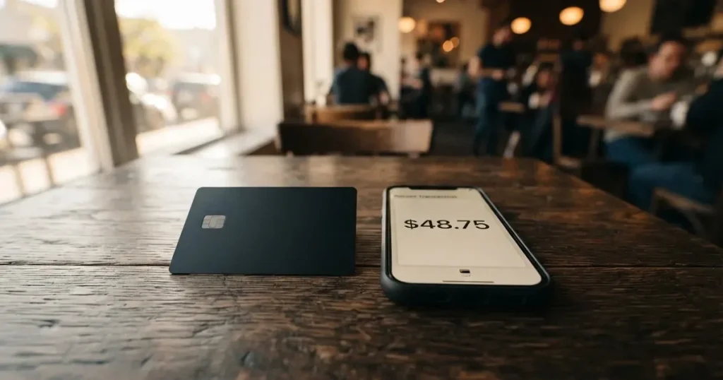 A payment card next to a phone with a crypto wallet app open
