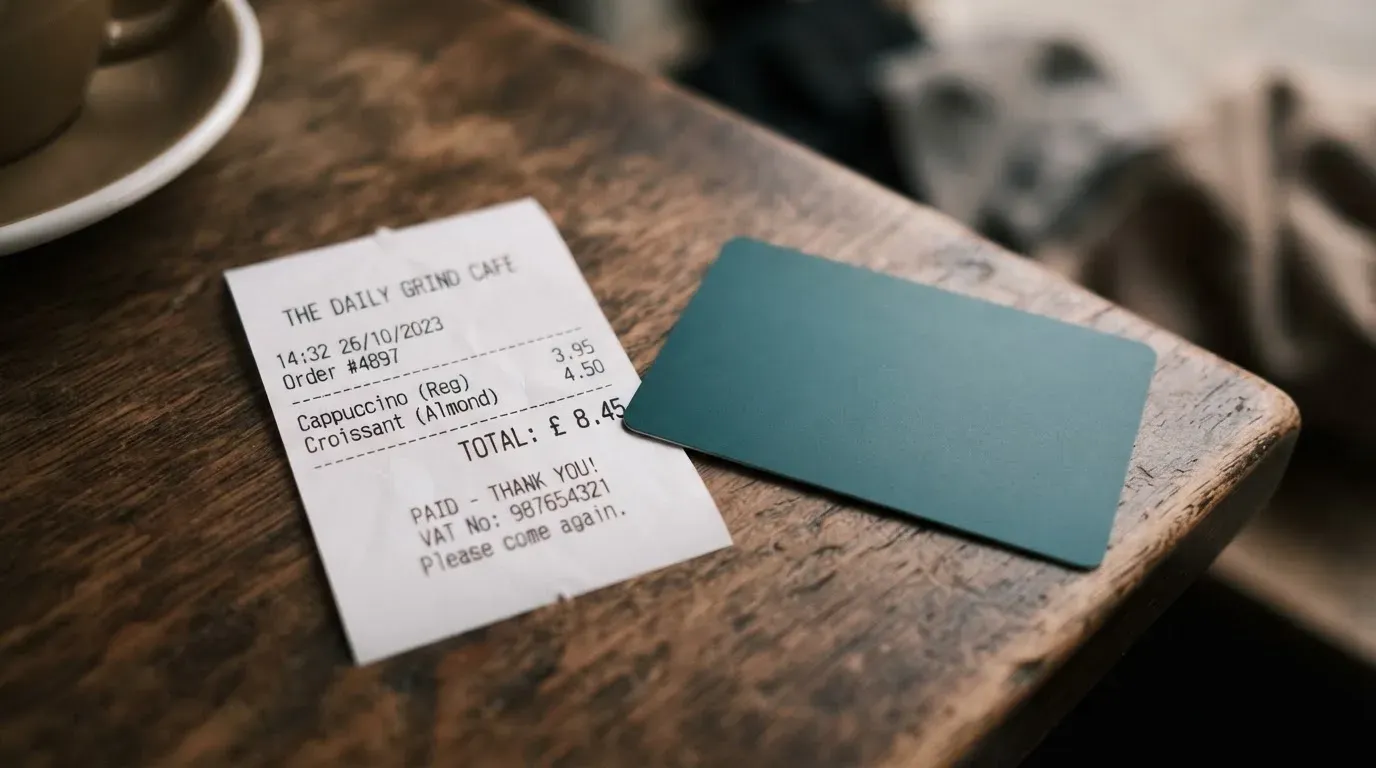 A receipt and a card on a café table