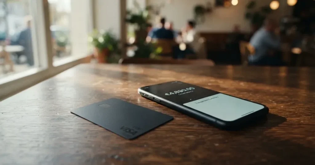 A payment card next to a phone with a crypto wallet app open