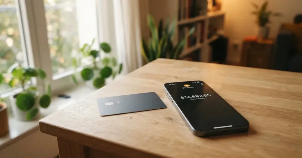 A payment card next to a phone with a crypto wallet app open