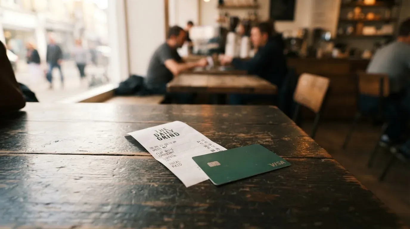 A receipt and a card on a café table