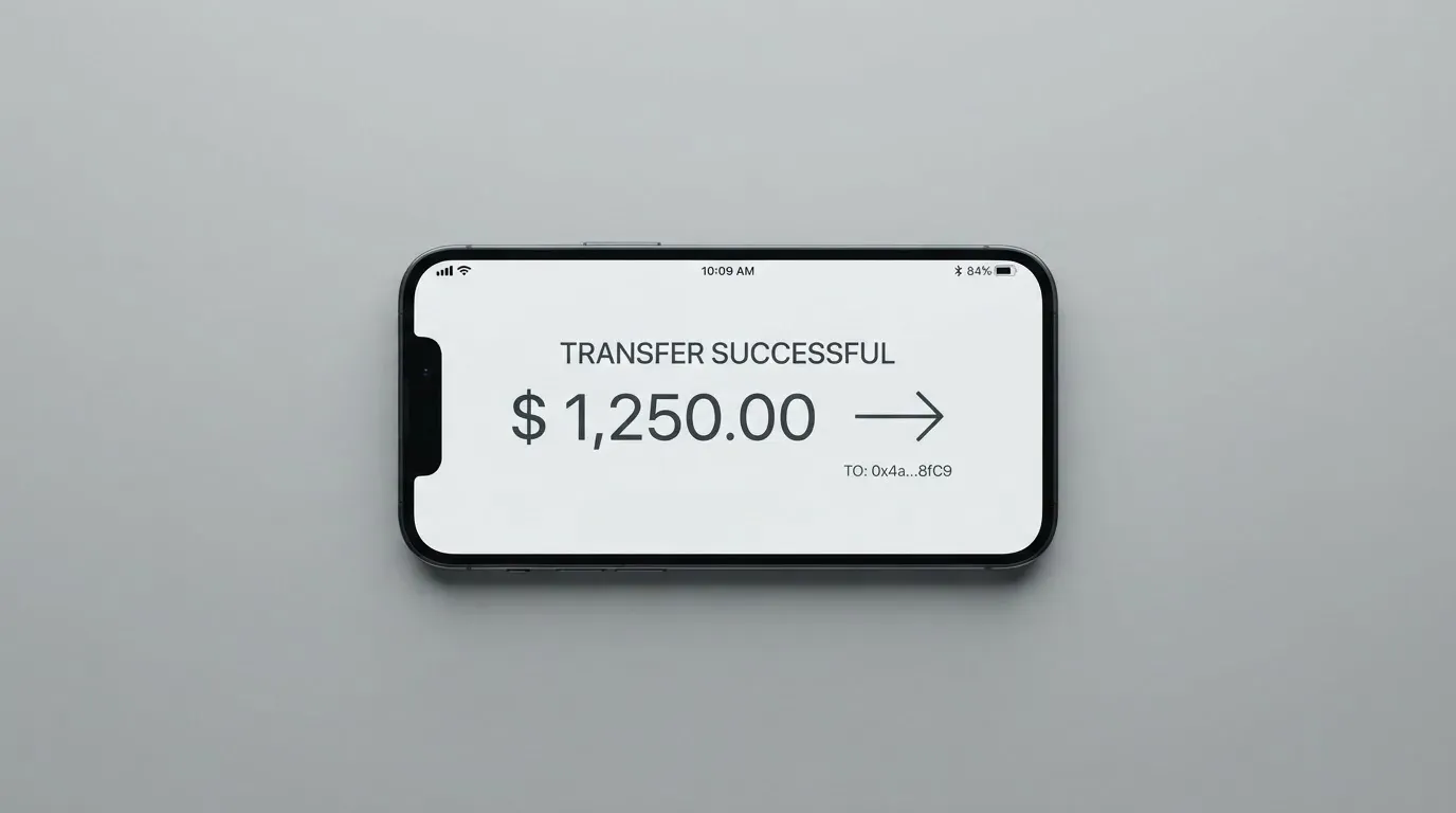 A phone showing a stablecoin transfer screen