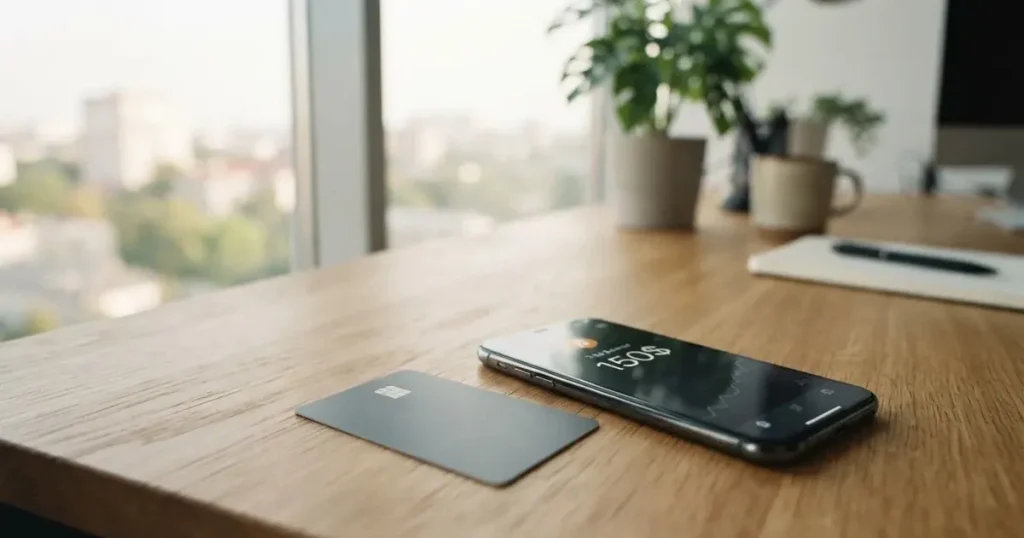 A payment card next to a phone with a crypto wallet app open