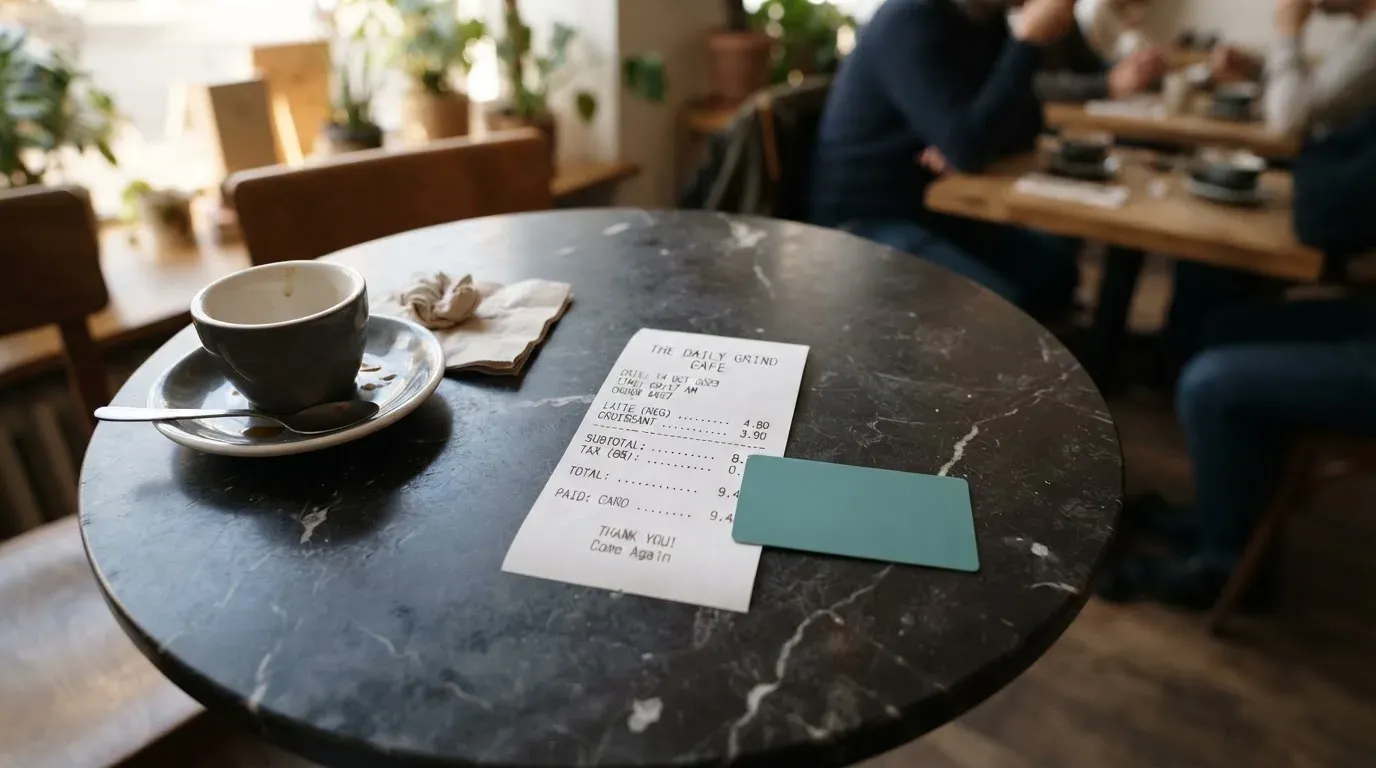 A receipt and a card on a café table