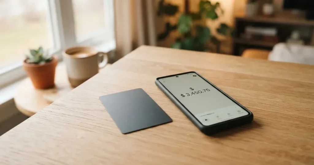 A payment card next to a phone with a crypto wallet app open