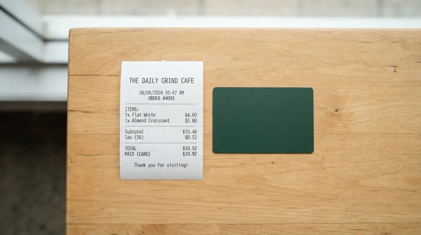 A receipt and a card on a café table