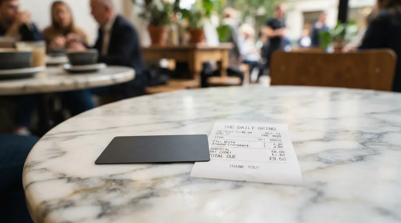 A receipt and a card on a café table