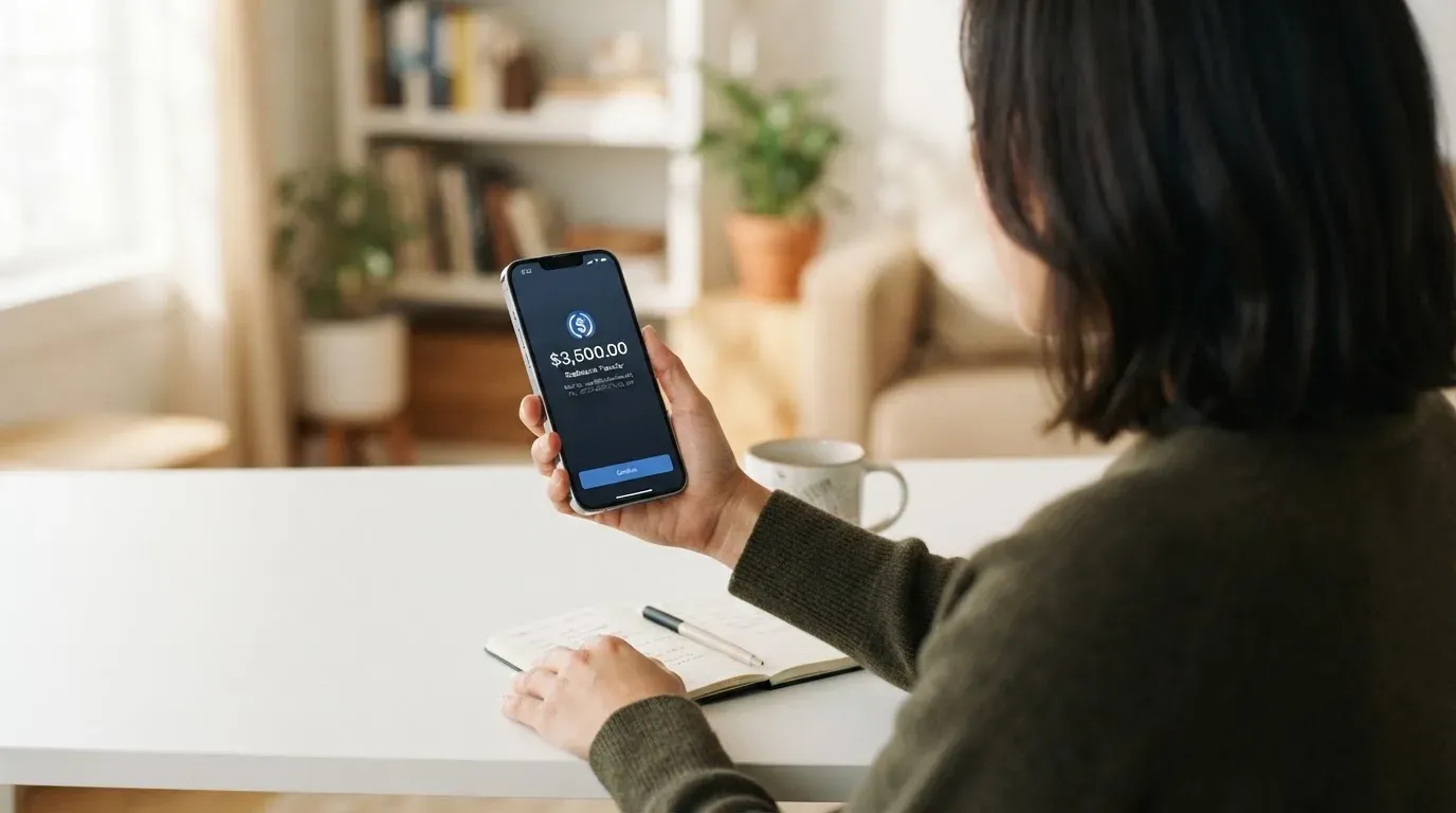 A phone showing a stablecoin transfer screen