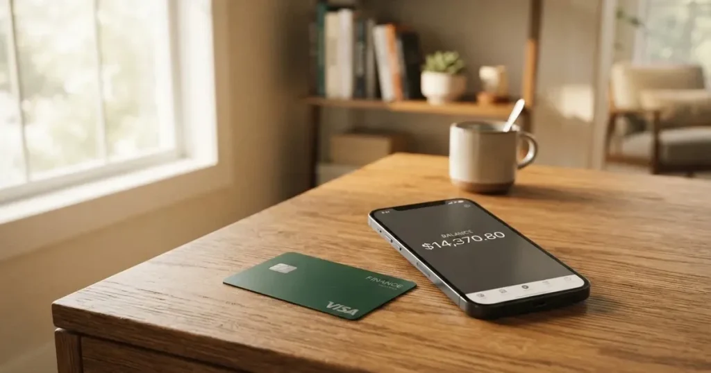 A payment card next to a phone with a crypto wallet app open