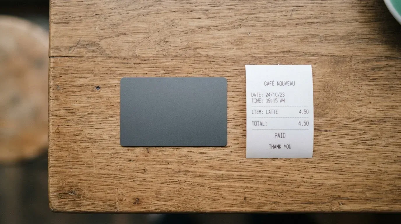A receipt and a card on a café table