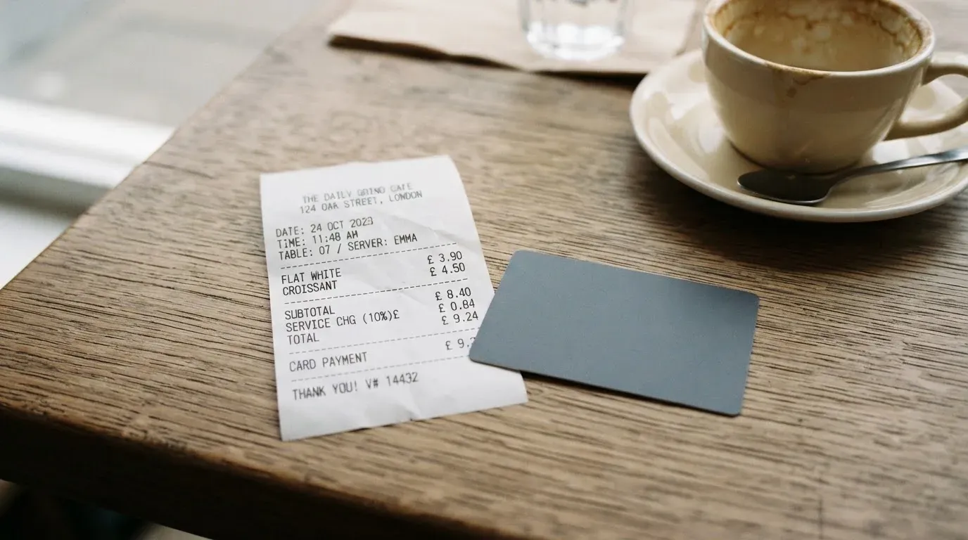 A receipt and a card on a café table