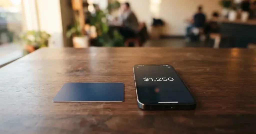 A payment card next to a phone with a crypto wallet app open