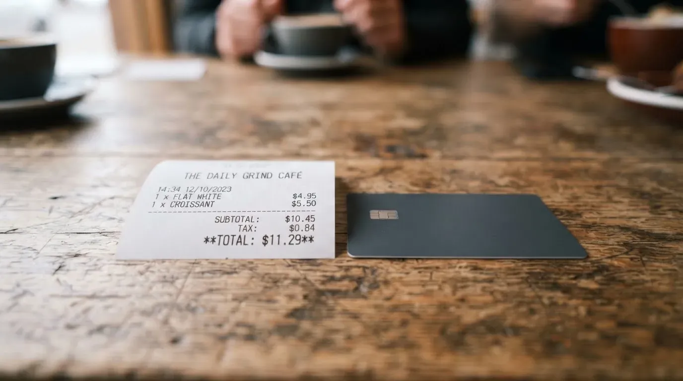 A receipt and a card on a café table