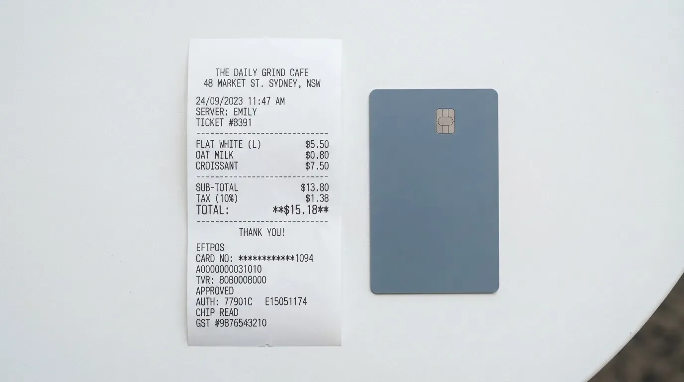 A receipt and a card on a café table