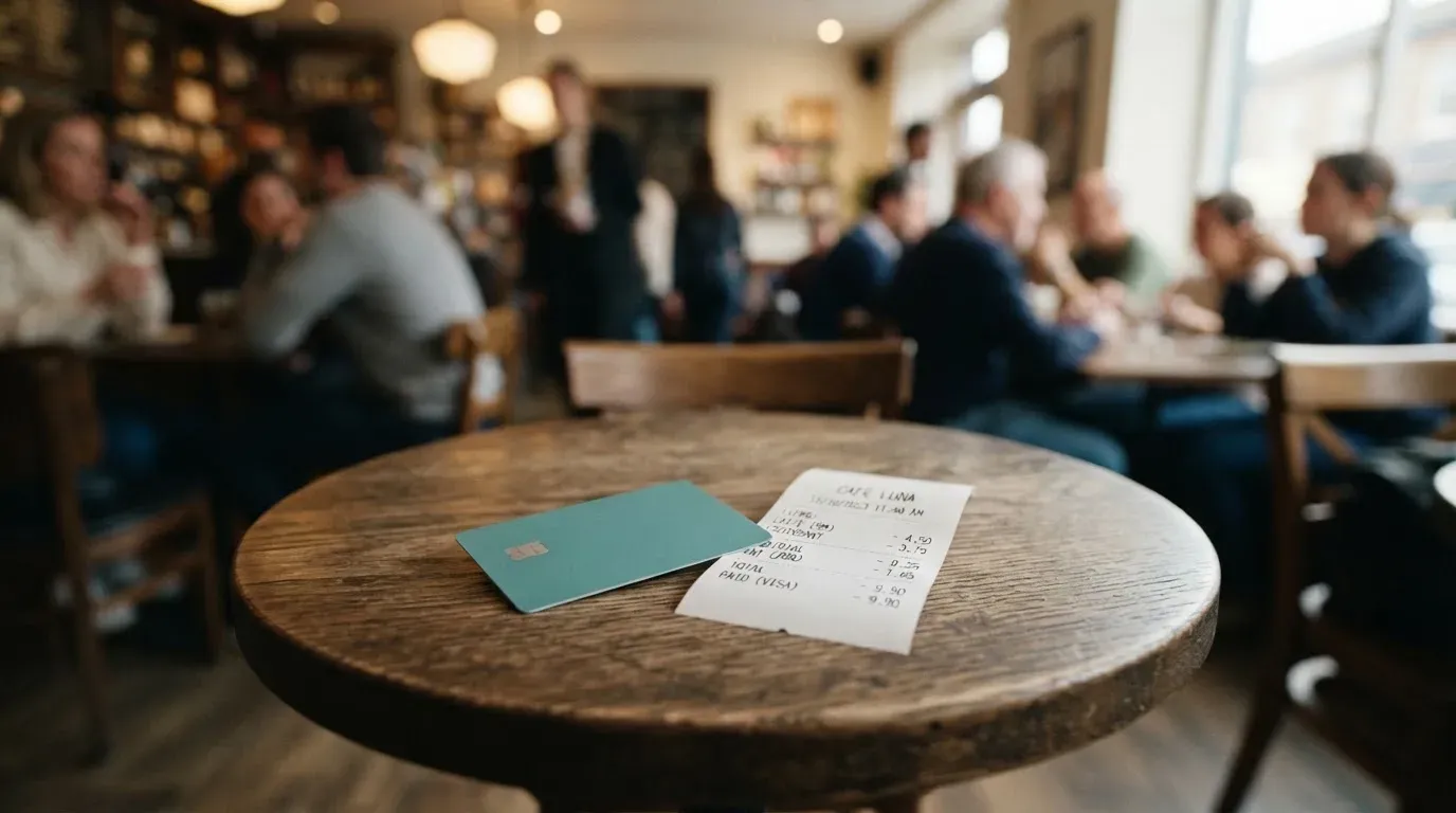 A receipt and a card on a café table
