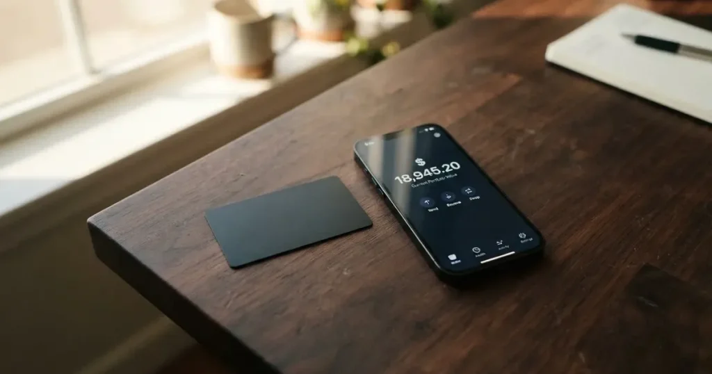 A payment card next to a phone with a crypto wallet app open