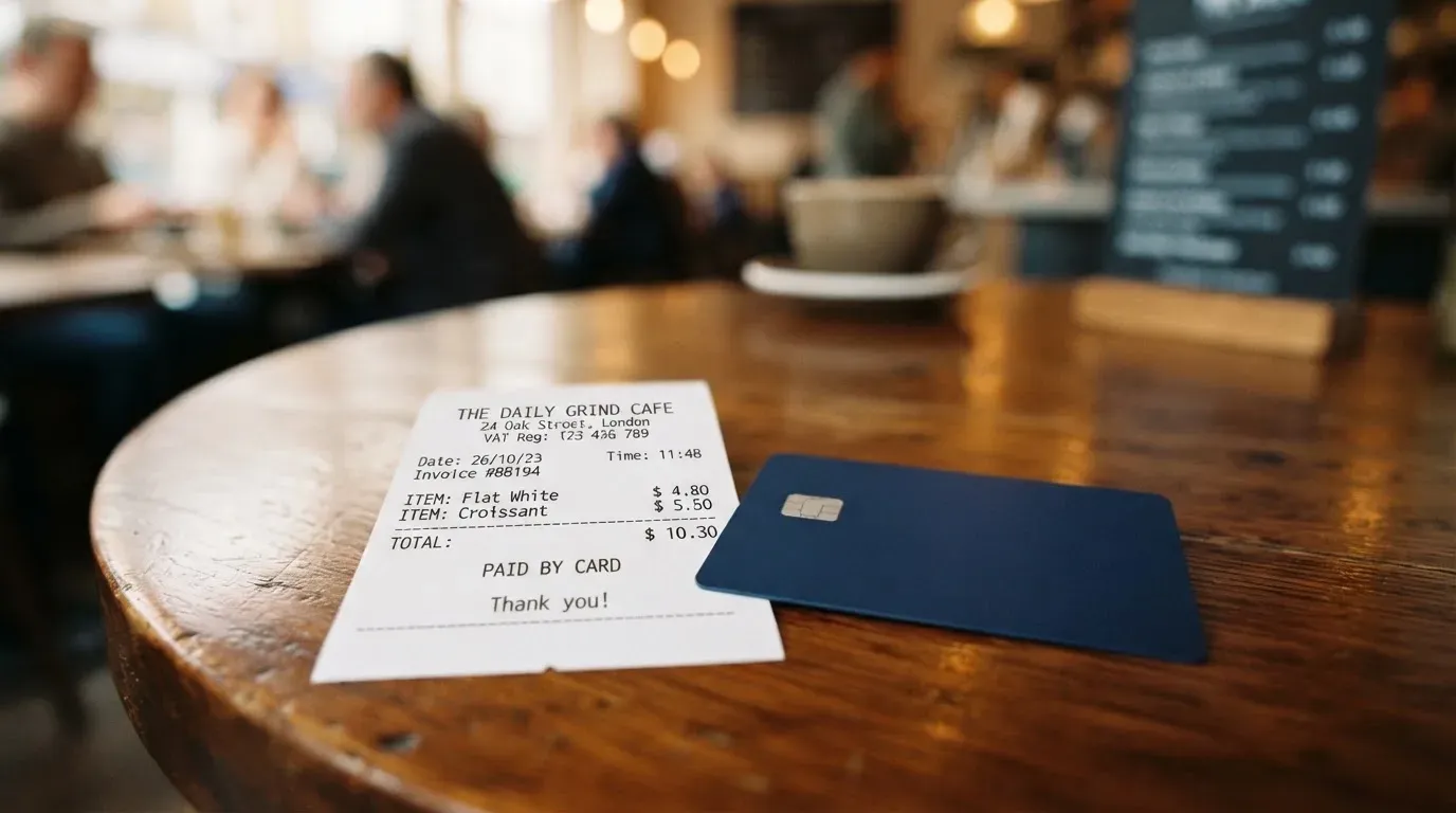 A receipt and a card on a café table