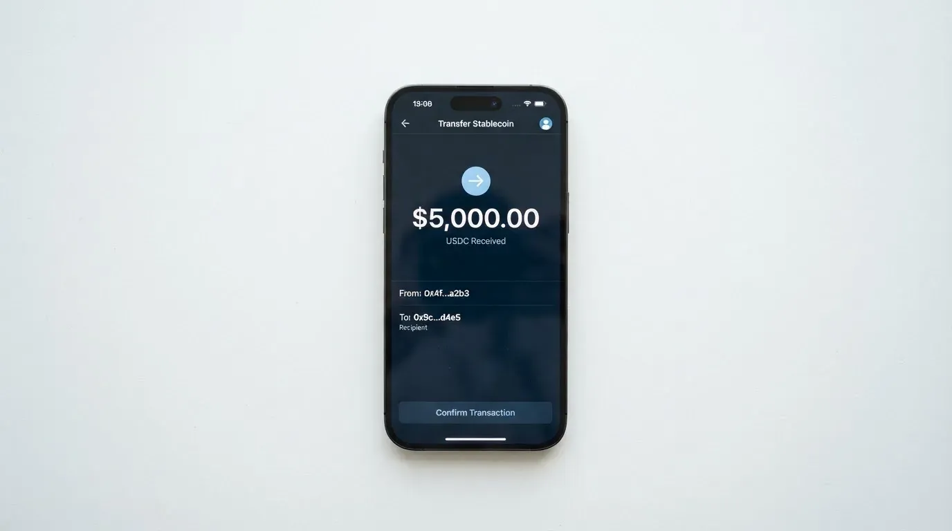 A phone showing a stablecoin transfer screen