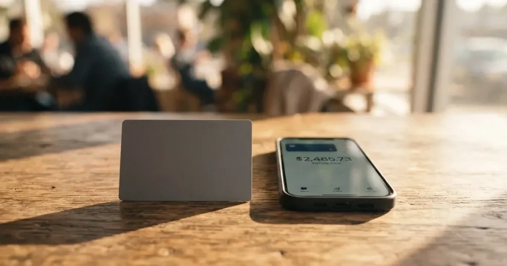 A payment card next to a phone with a crypto wallet app open