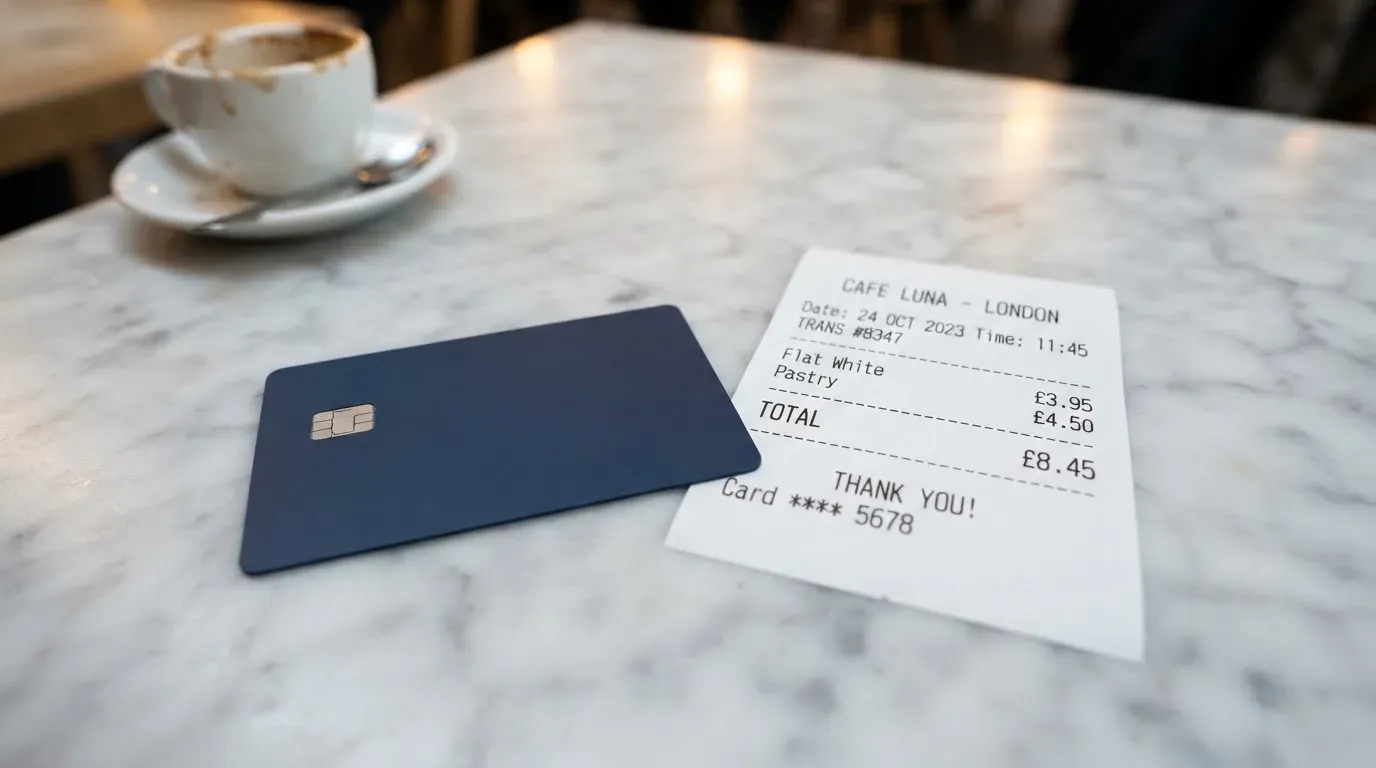 A receipt and a card on a café table