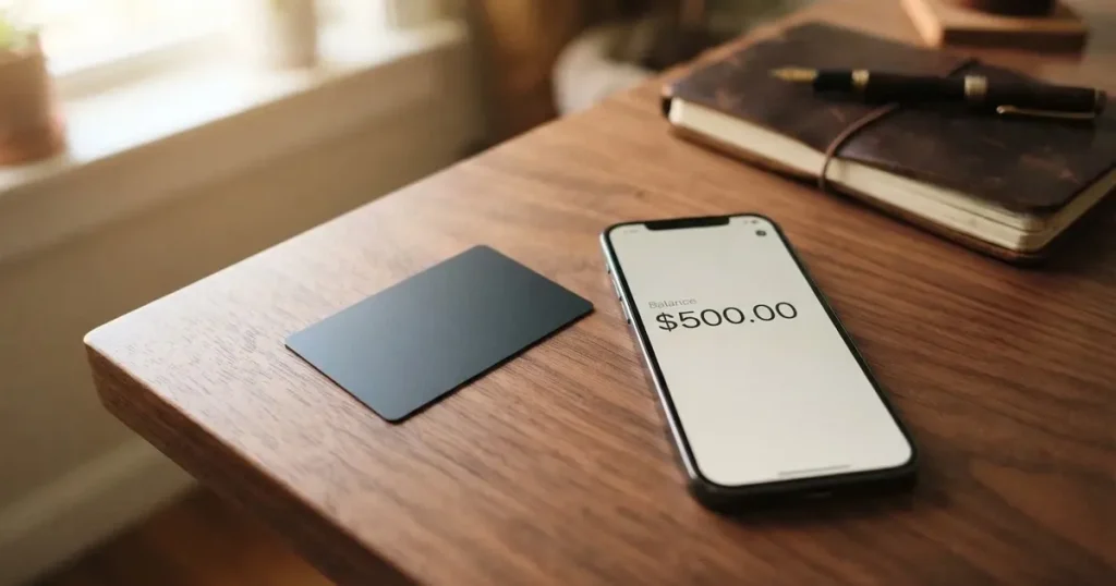 A payment card next to a phone with a crypto wallet app open