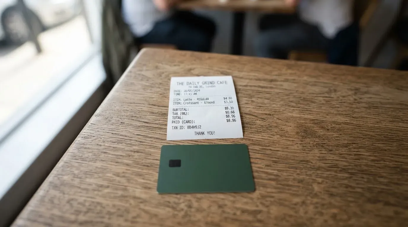 A receipt and a card on a café table