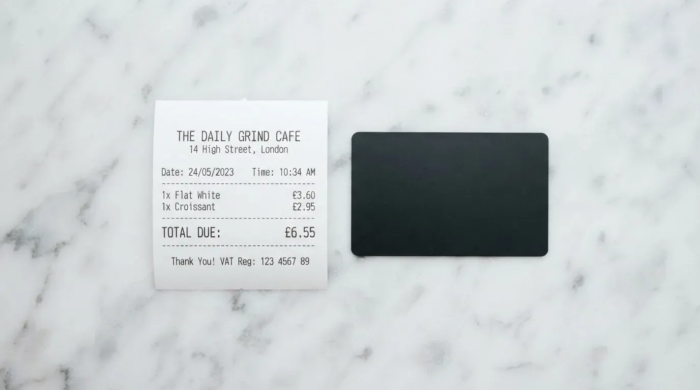 A receipt and a card on a café table