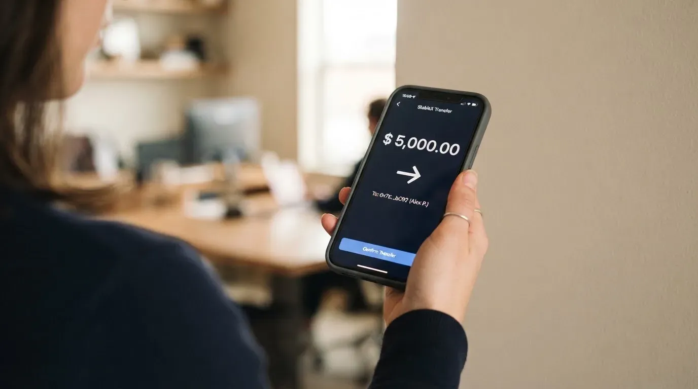 A phone showing a stablecoin transfer screen