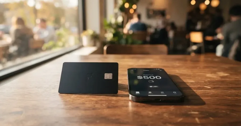 A payment card next to a phone with a crypto wallet app open