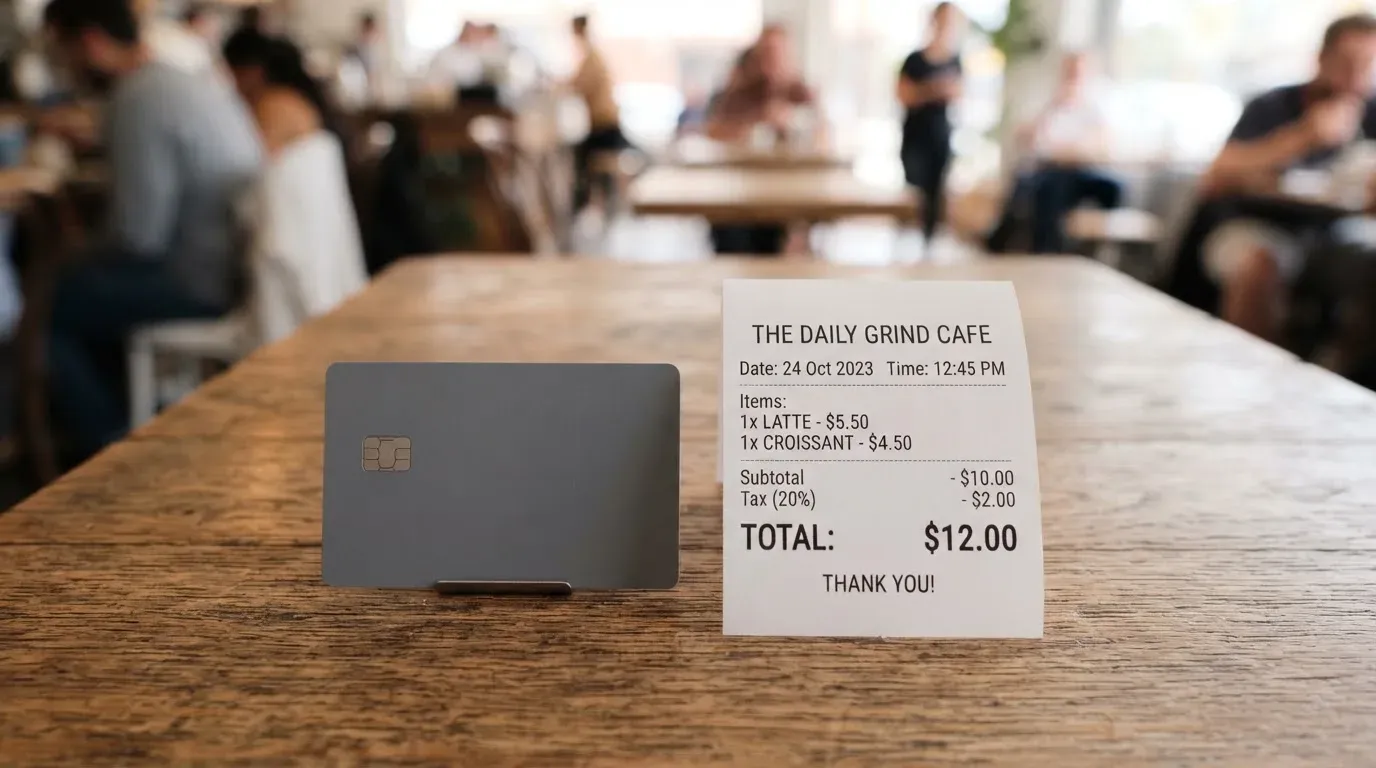 A receipt and a card on a café table